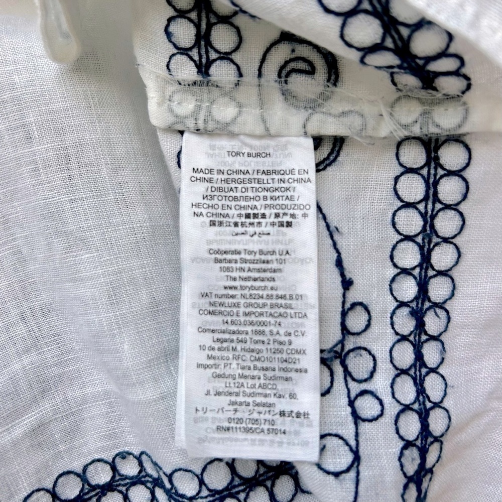 Tory Burch Embroidered Beach Caftan Cover-Up Mini Dress Navy Blue White Linen S - Picture 10 of 11